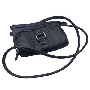 Merona Black Leather Crossbody Purse Zippered Buckle Clutch Handbag